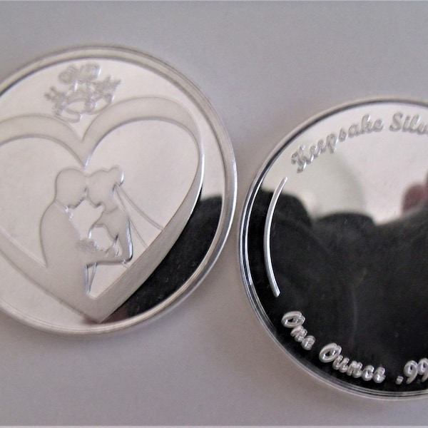 Fine .999 Silver 1 oz Engravable Bride & Groom Wedding/Anniversary Coin. Free Custom Engraving