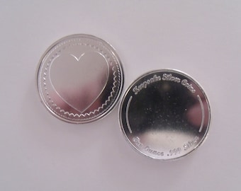 Moeda de Prata Fina .999 1 oz Gravável Coração. Gravura Personalizada Grátis
