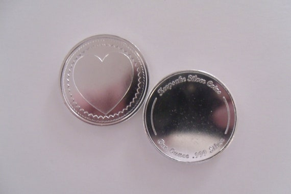 Fine .999 Silver 1 oz Engravable Heart Coin.  Free Custom Engraving
