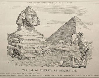 Punch Magazine Cartoon, The Cap of Liberty : Le Dernier Cri, Sphinx, Pyramid Egypt, 1920, Bernard Partridge, Large