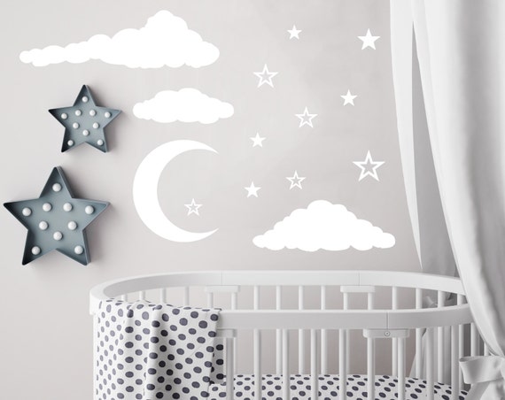 cloud wall decal moon and stars decals nursery decor night sky | etsy