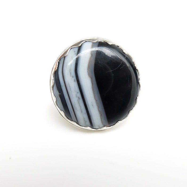 Sterling Silver Black Banded Agate Gemstone Ring / Statement Etsy