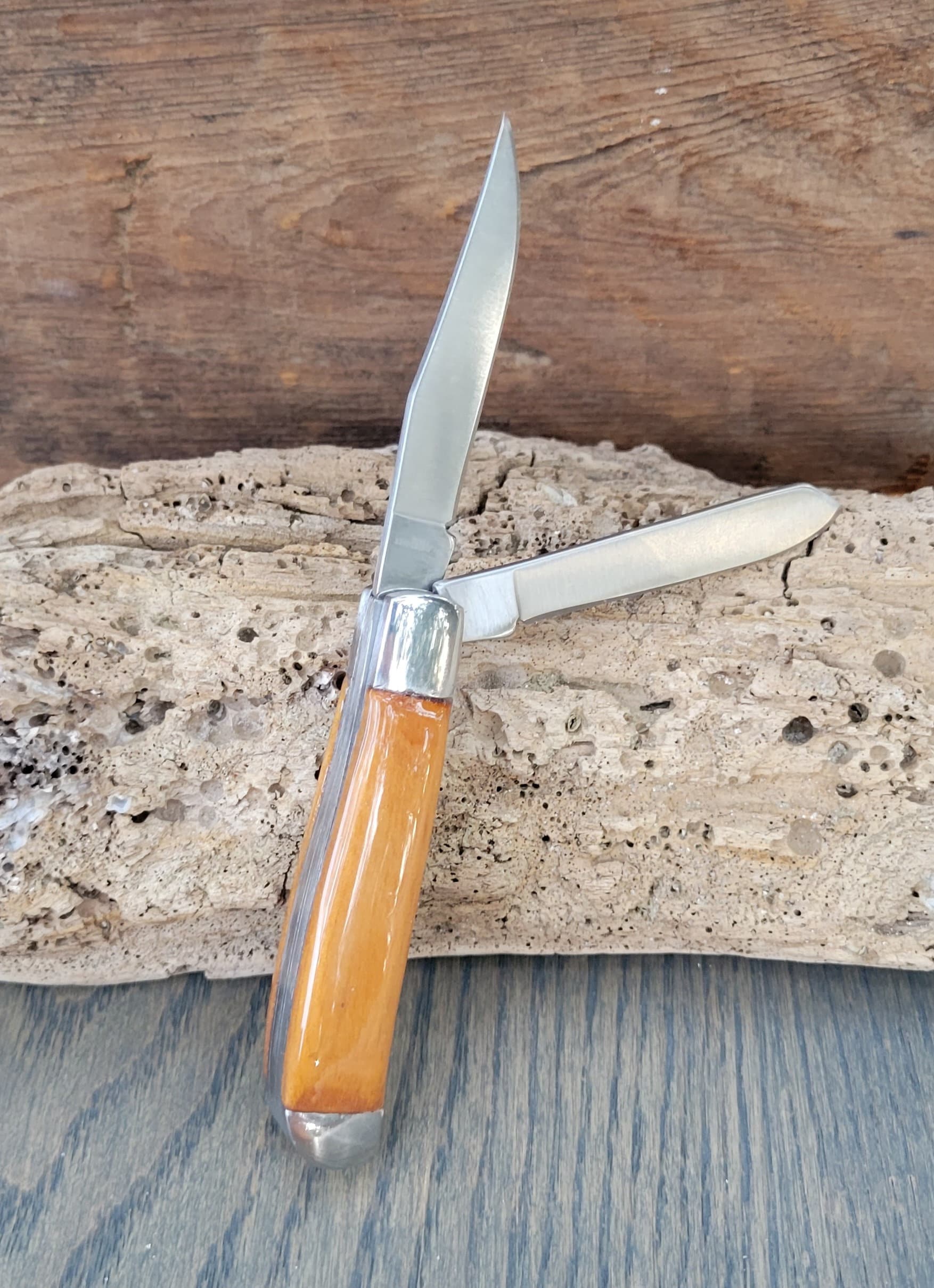 Trapper Pocket Knife With Cypress Wood Handle, Gentlemen Knife, 2 Blade