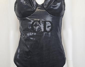 Costume da bagno vintage Dior con paillettes: corsetto nero anni '90, taglia L