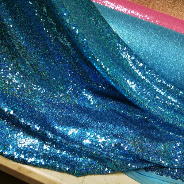 Baby Blue Iridescent 3mm Sequins Fabric 130cm Wide 2W stretch by meters