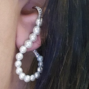 Pearl Suspender Earrings Pearl Arc Cuff Earring Pearl Ear Wrap Pearl Ear Cuff Pearl Hoops Gifts For Her Bridesmaid Gift Birthday Gift