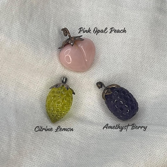 Carved Gemstone Fruit Charms: Sterling Silver Lemon, Peach, Berry