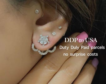 Sterling Silver Flower Ear Jacket Earrings: CZ Dainty Studs Push Back