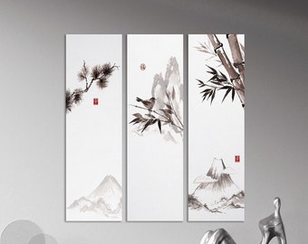 Japanese Landscape Vertical Triptych PETA Approved Eco Leather Canvas Wall Art