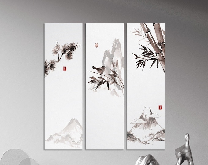 Japanese Art Vertical Triptych Eco Leather Framed Canvas Print