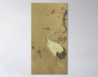 Japanese Crane Ogata Kenzan Style PETA Approved Faux Leather Canvas Wall Art