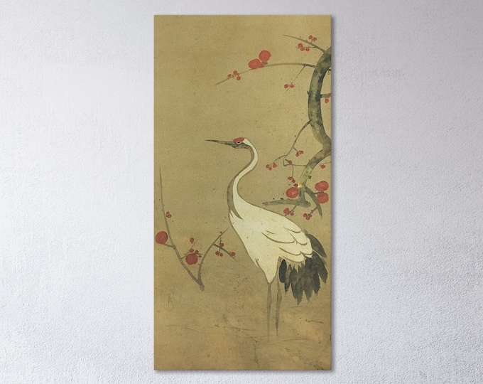 Red Plum Branch and a Crane Ogata Kenzan Japanese Traditional Wall Art Eco Leather Canvas Print, Made in Italy!