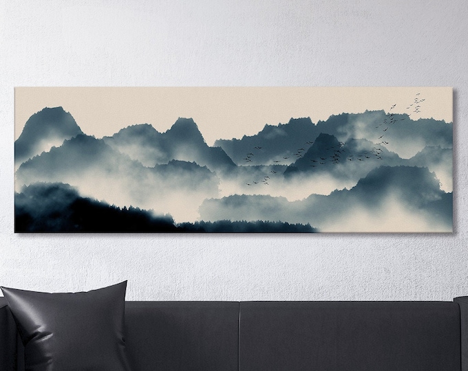 Japanese Mountain Landscape Wall Art Framed Eco Leather Canvas Print, Made in Italy!