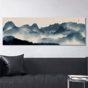 Japanese Mountain Landscape Wall Art Framed Eco Leather Canvas Print, Made in Italy!