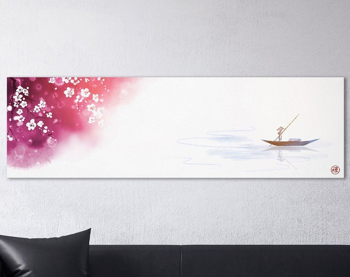 Japanese Lake Fisherman Sakura Landscape Wall Art Framed Eco Leather Canvas Print, Made in Italy!