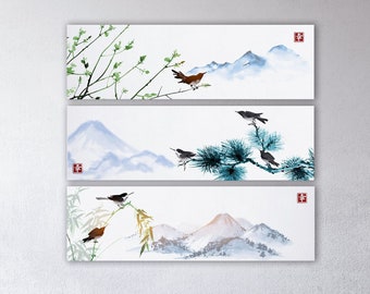 Japanese Mountain Bird Art Triptych PETA Approved Eco Leather 3 Panel Wall Art
