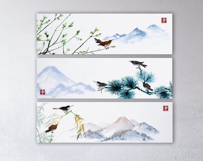 Japanese Mountain Bird Triptych Wall Art Framed Canvas Print