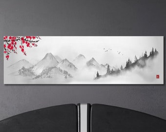 Lienzo enmarcado con paisaje de montaña japonés en blanco y negro, fabricado en Italia.