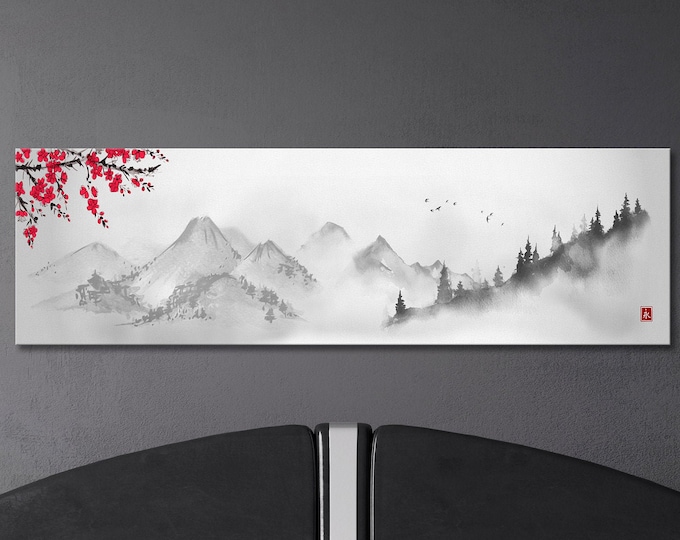 Japanese Mountain Landscape Black and White Wall Art Framed Canvas Print, Made in Italy!