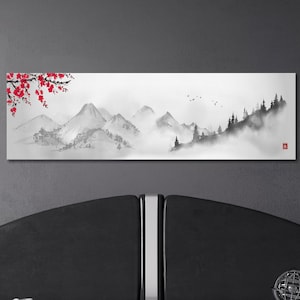 Japanese Mountain Landscape Black and White Wall Art Framed Canvas Print, Made in Italy!