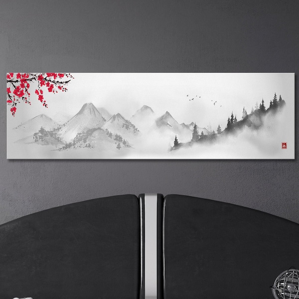 Japanese Mountain Landscape Black and White Wall Art Framed Canvas Print, Made in Italy!