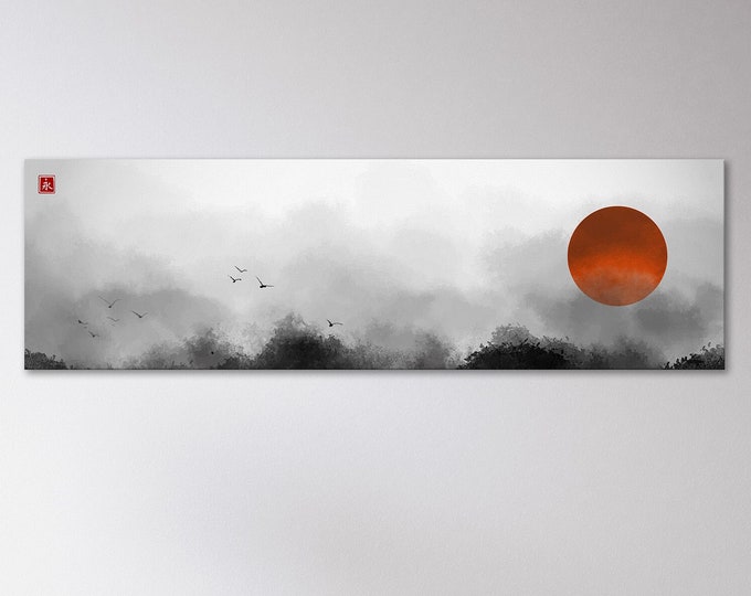 Japanese Red Sun Landscape Black and White Wall Art Framed Eco Leather Canvas Print, Made in Italy!