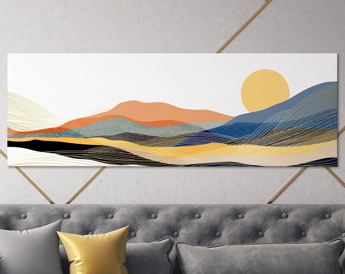 Japanese Mountain Warm Tones Landscape Wall Art Framed Canvas Eco Leather Print, Made in Italy!