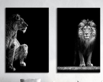 Lion and Lioness Portrait Canvas Eco Leather Print, Made in Italy!