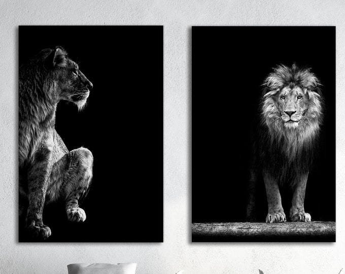 Lion and Lioness Portrait Canvas Eco Leather Print, Made in Italy!