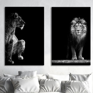 Lion and Lioness Portrait Canvas Eco Leather Print, Made in Italy!