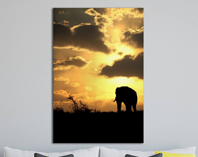 Silhouette of Elephant, African Sunset Leather Print/Large Wall Art/Large Wall Decor/Animal Print/Made in Italy/Better than Canvas!