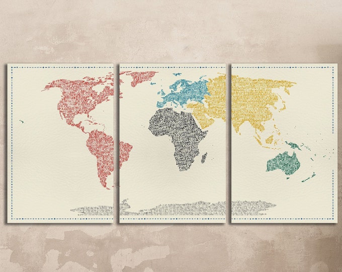 World Map Continents Index Canvas Eco Leather Print, Made in Italy!