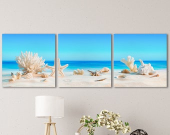 Seashells on Tropical Beach Wall Art Vegan Leather Print Ready to Hang