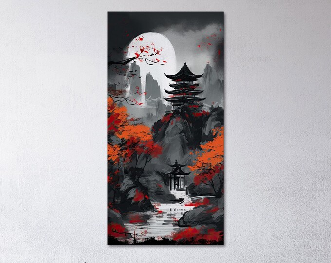 Eclipse over the Crimson Grove Temple - Japanese Artwork Canvas Wall Art Eco Leather Print, Made in Italy!