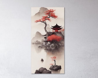 Chinese Red Maple Retreat Eco Leather Wall Art Frame