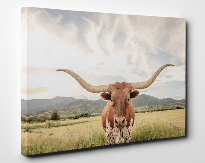 Texas longhorn steer framed canvas leather print/Large wall art/Longhorn cow print/Animals canvas print/Made in Italy/Framed canvas art