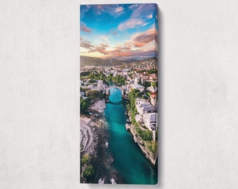 Mostar Old Bridge Neretva River PETA Approved Eco Leather Canvas Single Vertical Triptych