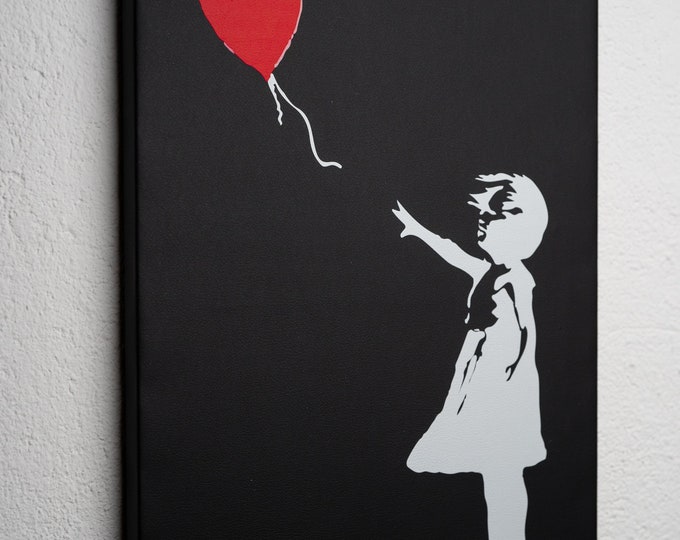 Girl With Balloon by Banksy Print On Black Leather Sublimation Printing Wall Art Canvas, Made in Italy!