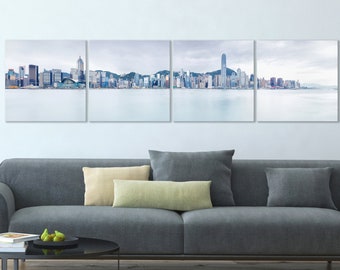 Hong Kong Skyline Leather Print: 4-Panel Panoramic Wall Art