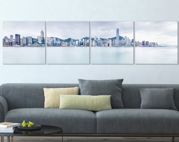 4 Panel Hong Kong Light Blue Tones Leather Print/Large Hong Kong Print/Hong Kong Wall Art/Large Wall Decor/Made in Italy/Better than Canvas!