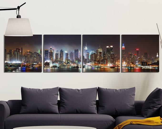 Manhattan Skyline Lights Canvas Leather Print/New York Canvas/Manhattan Print/New York Wall Art/Wall Decor/Made in Italy/Better than Canvas!