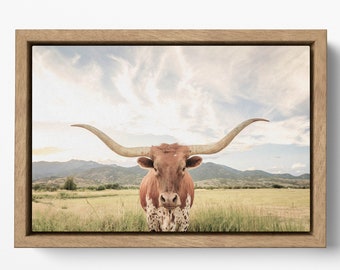Texas longhorn steer with floating frame canvas leather print/Large wall art/Longhorn cow print/Animal canvas/Made in Italy/Framed canvas