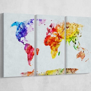 Mapa del mundo en acuarela Impresión en cuero/Mapa del mundo para arte de pared/Mapa del mundo para decoración de pared/Mapa del mundo extra grande/Mapa del mundo de varios paneles/¡Mejor que el lienzo!