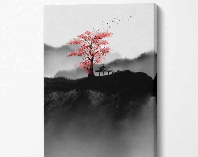 Oriental Art Cherry Blossom Sakura Black and White Canvas Wall Art Eco Leather Print, Made in Italy!