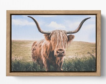Close up brown highland cow with floating frame canvas leather print/Large wall art/Animal canvas/Made in Italy/Framed canvas
