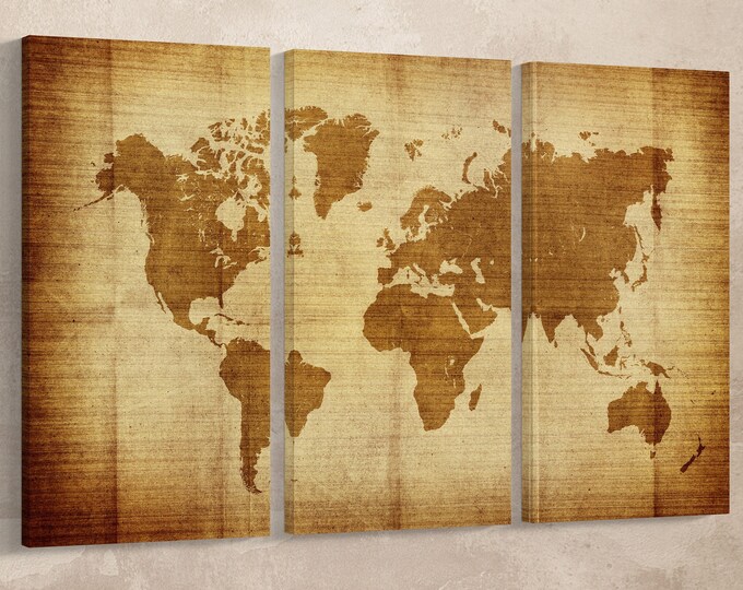 Vintage World Map Leather Print/Large Wall Art/Extra Large World Map/Multi Panel World Map/Wall Decor/Made in Italy/Better than Canvas!