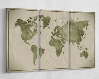 Watercolor Crumpled World Map Eco Leather Canvas Wall Art Travel Decor