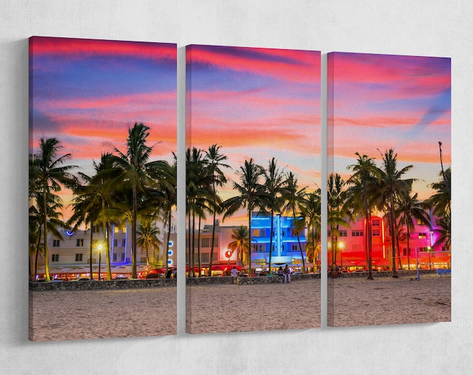 Miami Ocean Drive at Sunset Leather Print/Miami Large Print/Miami Multi Panel Print/Large Wall Art/Multi Panel Wall Art/Better than Canvas!