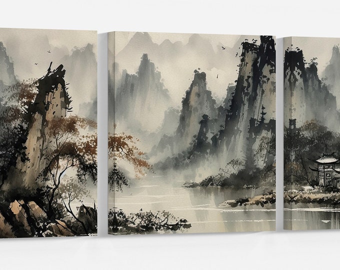 Traditional Oriental Chinese Landscape River and Mountains Wall Art Canvas Print, Made in Italy!