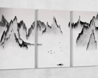 Black White Chinese Mountain Gallery Wrap PETA Vegan Leather Canvas Print
